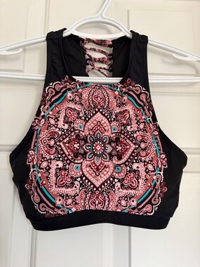 High Neck Black Crop Tank with Pink Medallion Print swim wear